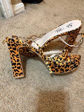 So Me Leopard Print Platform Sandal - Orange and Black Strappy Heel